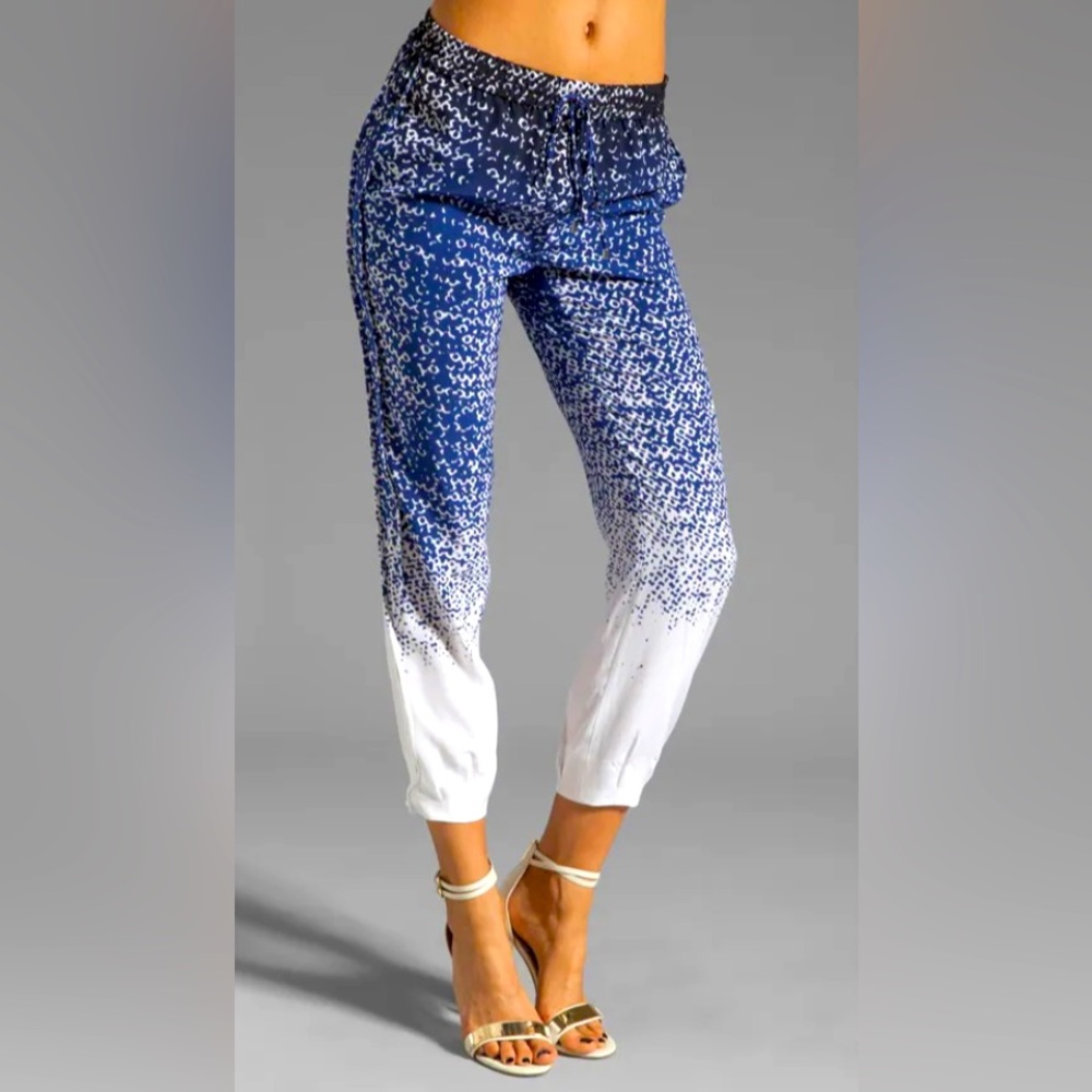 Diane Von Furstenberg 100% Silk Kamaris Drawstring Waist Navy Blue Capris, XS/S